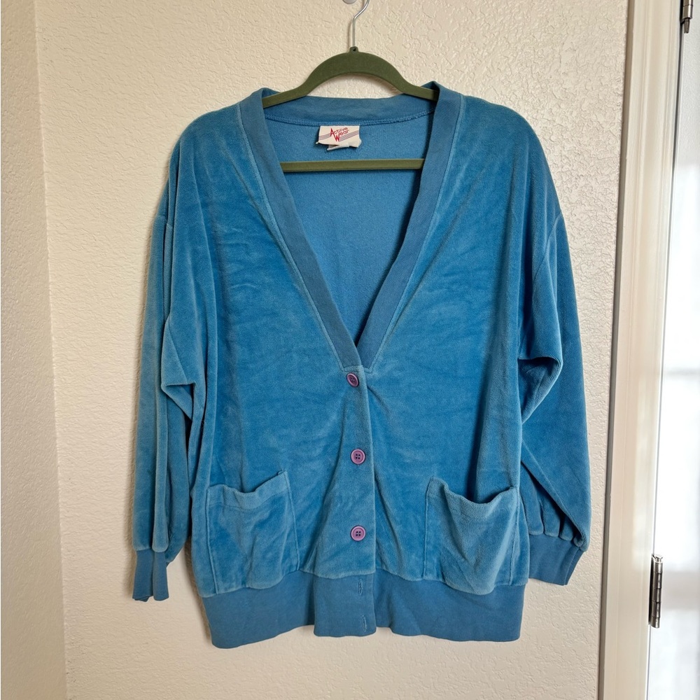 Vintage 80s Blue Velvet Cardigan Button Up Size Large Grandpa Grandma Core
